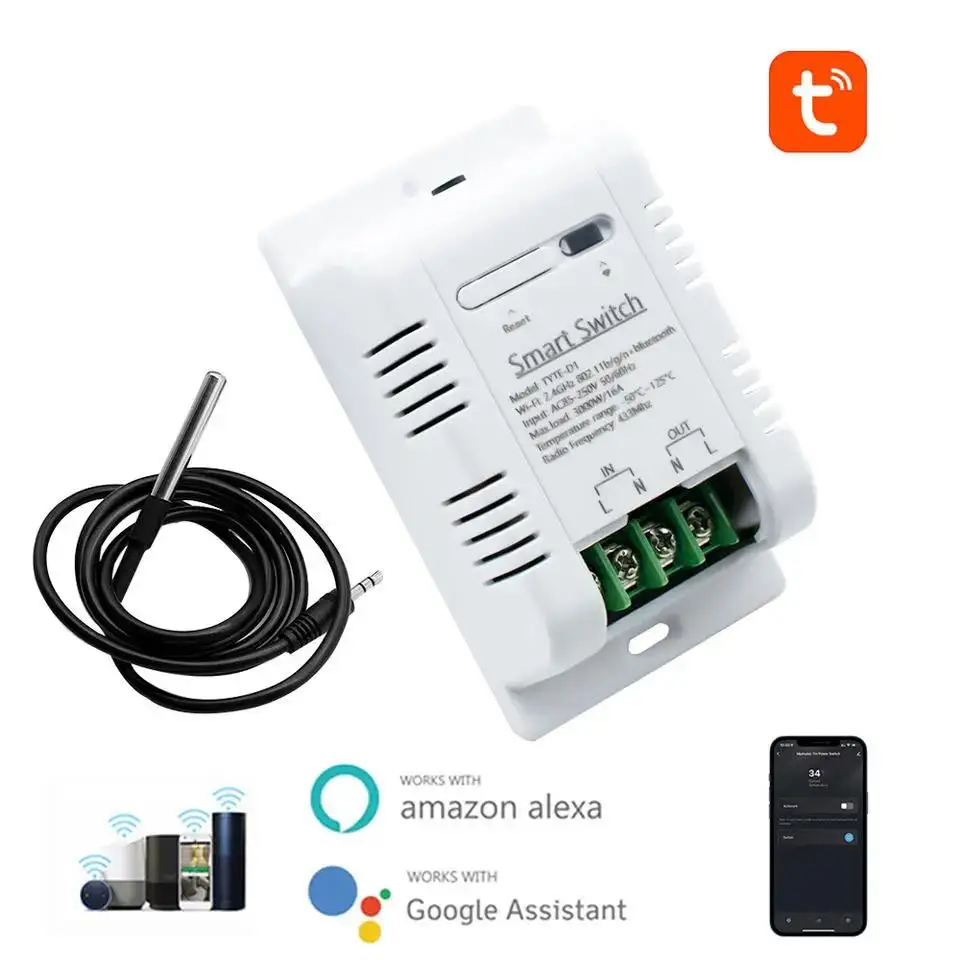 Tuya WiFi สมาร์ทสวิทช์อุณหภูมิ 16A 3000W การใช้พลังงานการตรวจสอบเทอร์โมใช้งานร่วมกับ Alexa Google Home Smart Switch
