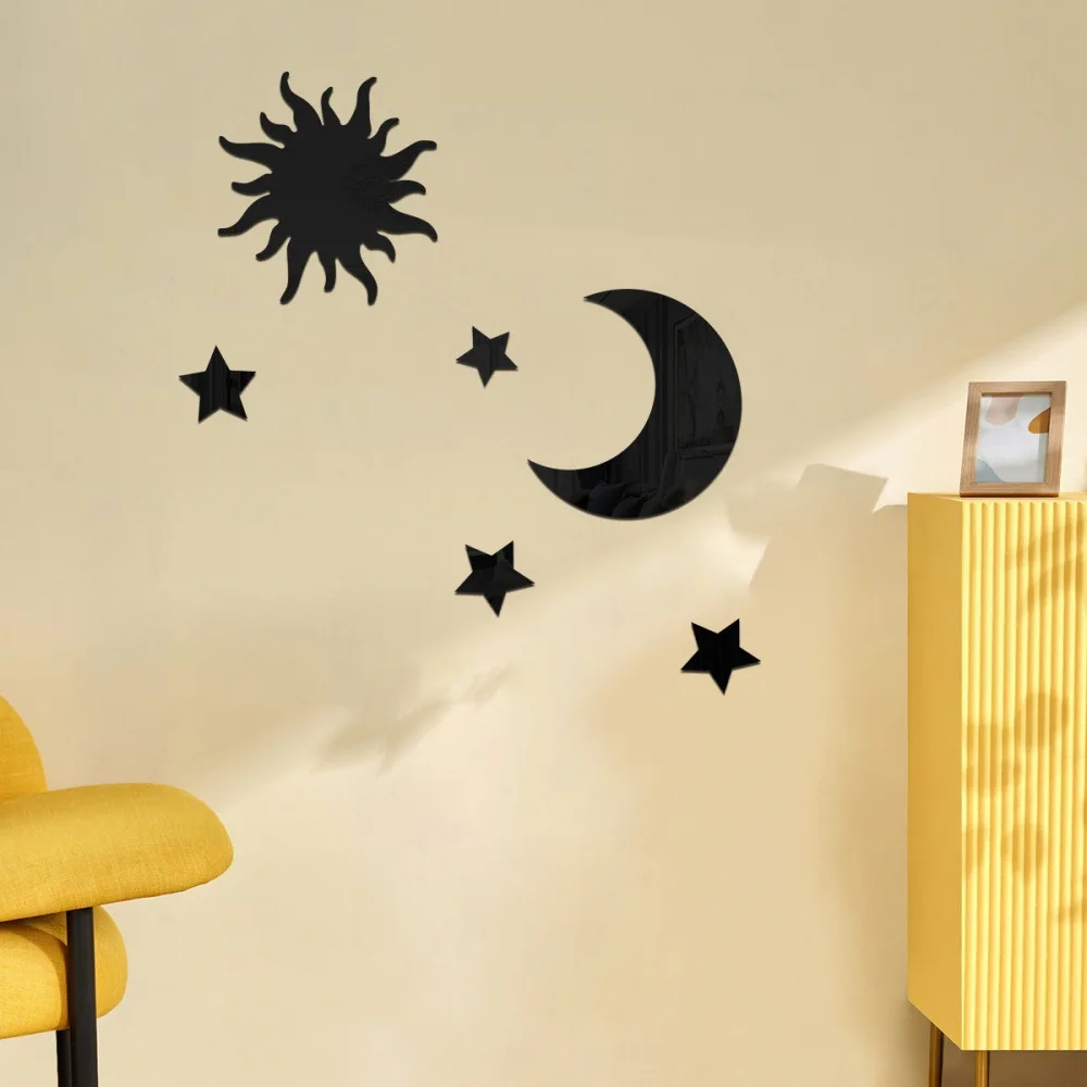 6 pçs estrela lua combinação espelho acrílico estéreo auto adesivo diy quarto sala de estar pode ser removido adesivos de parede