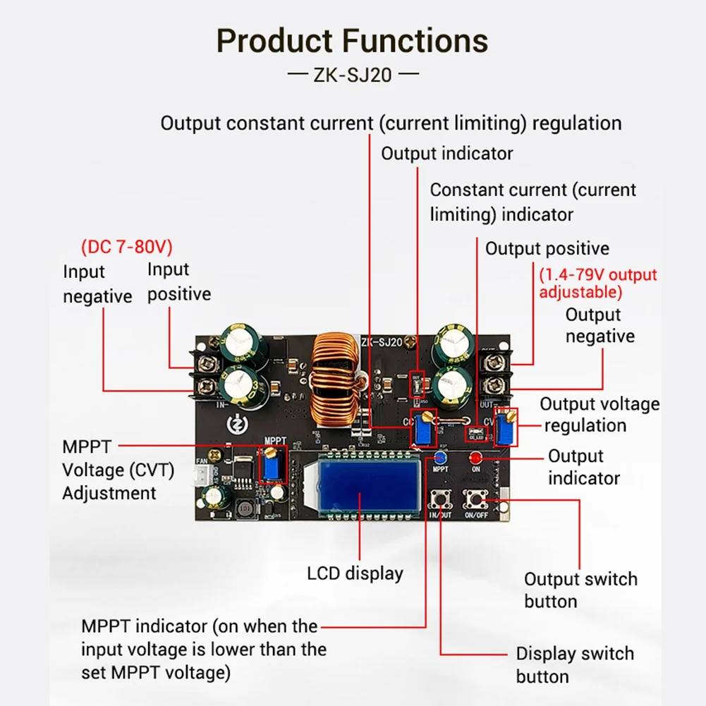 Automático Step Up Down Module, MPPT com display LCD, ZK-SJ20