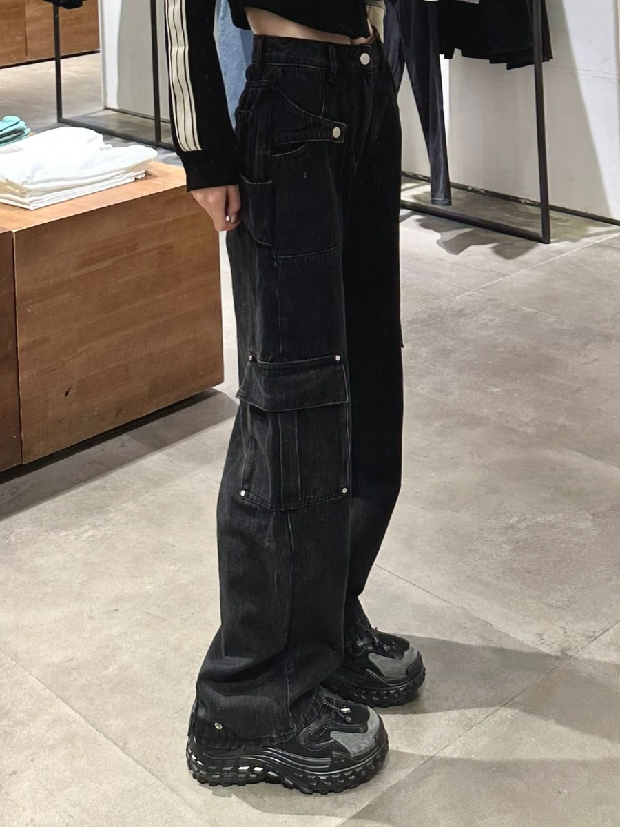 スパイシーガールアメリカンレトロハイストリートストレートレッグ作業服ジーンズ女性プラスサイズ春秋デザインワイドレッグパンツ