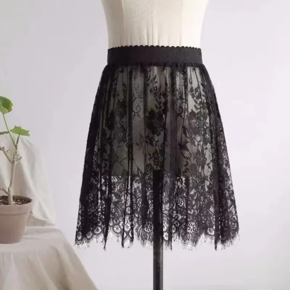 Fashion Transparent Sexy Lace Mesh Skirt Elegant 2 Length Midi Skirt Lace Elastic High Waist Tulle Mini Skirts Ladies