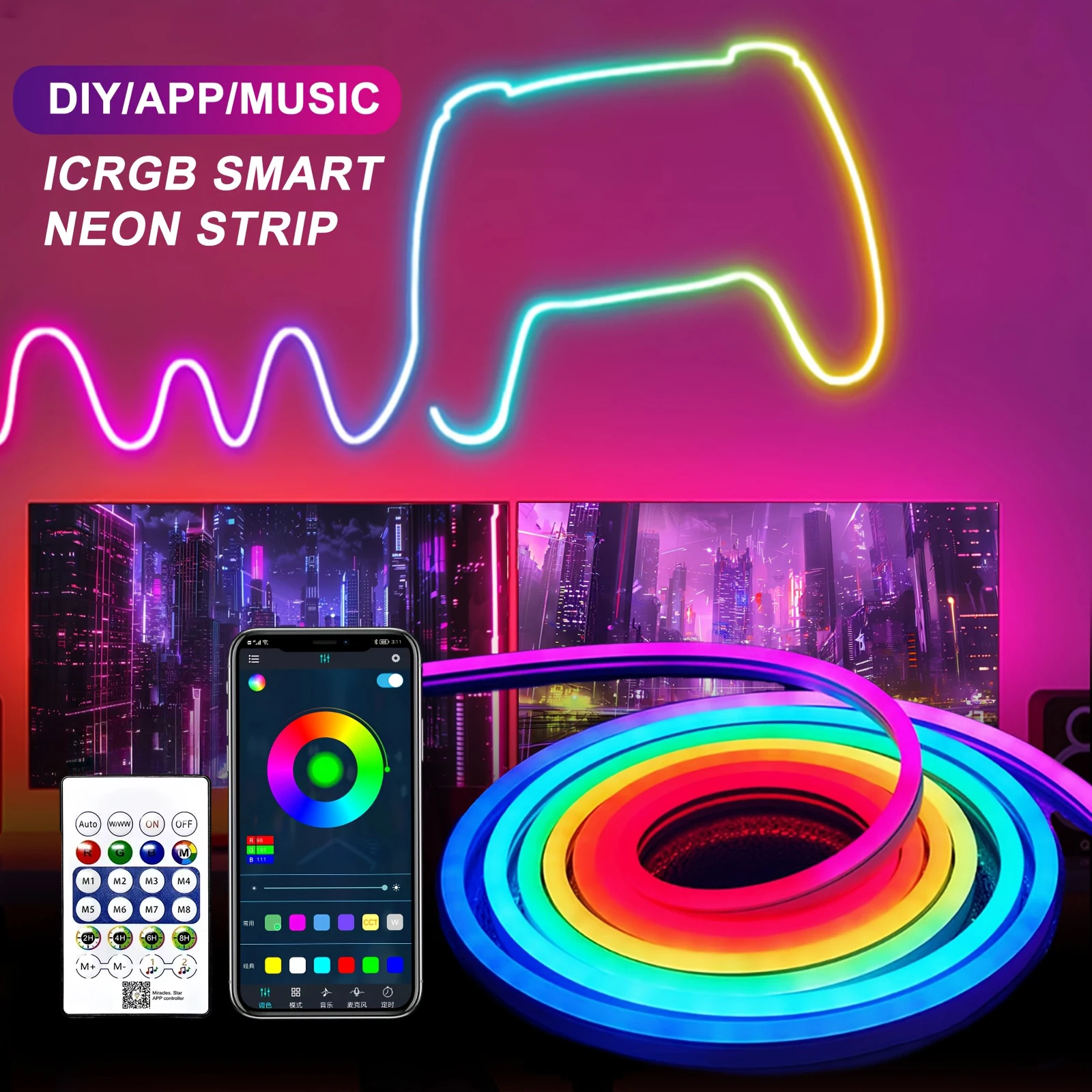 Tira de luces LED de neón RGBIC USB de 5V con Bluetooth, Control por aplicación, sincronización de música, cinta Flexible impermeable para decoración de fiestas y salas de juegos