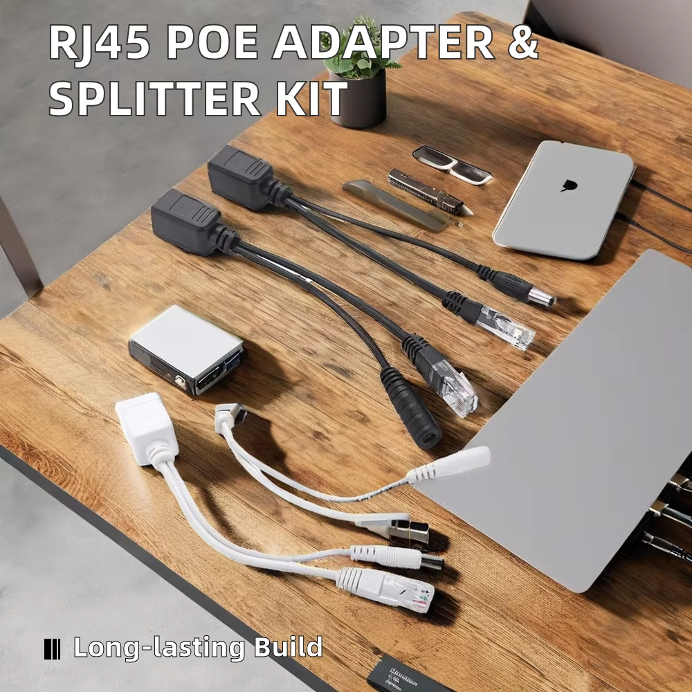 1 par de cabo adaptador passivo power over ethernet, cabo poe, divisor rj45, módulo de fonte de alimentação do injetor 12-48v para ip camea
