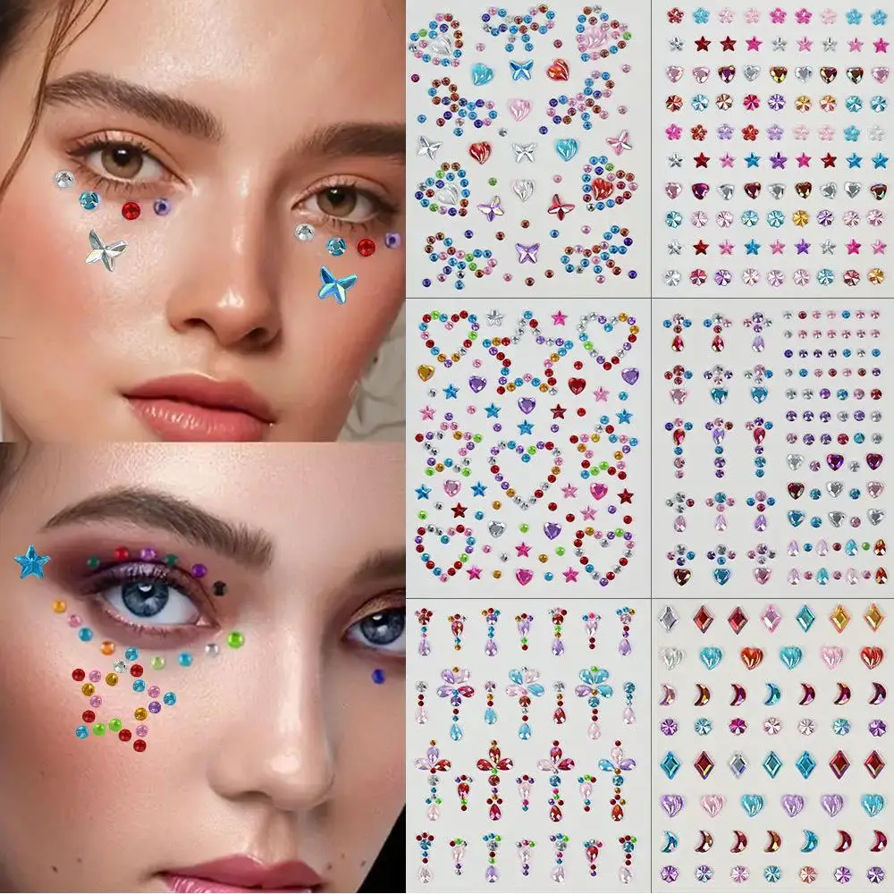 Item Rias Alis Tubuh Tato Kristal Dekorasi Permata 3D Stiker Wajah Berlian Imitasi Paster Berperekat Stiker Berlian Warna-warni
