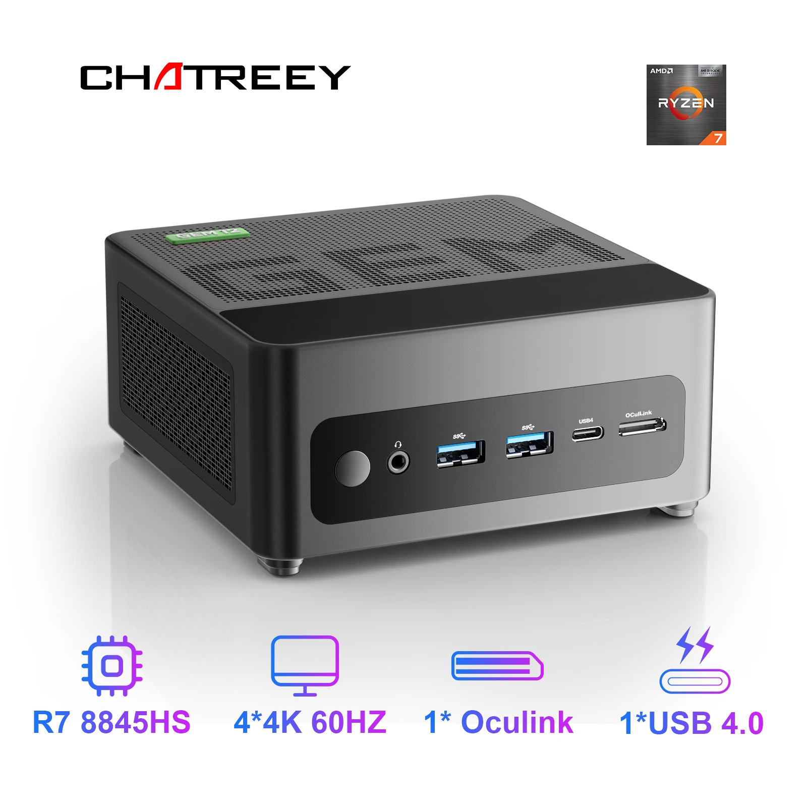 Chatreey GEM Mini PC R7 8845HS 7840HS 780M R9 6900HX 680M Computer desktop da gioco con WiFi 6/Bluetooth 5.2/OCuiLink/HDMI/USB 4