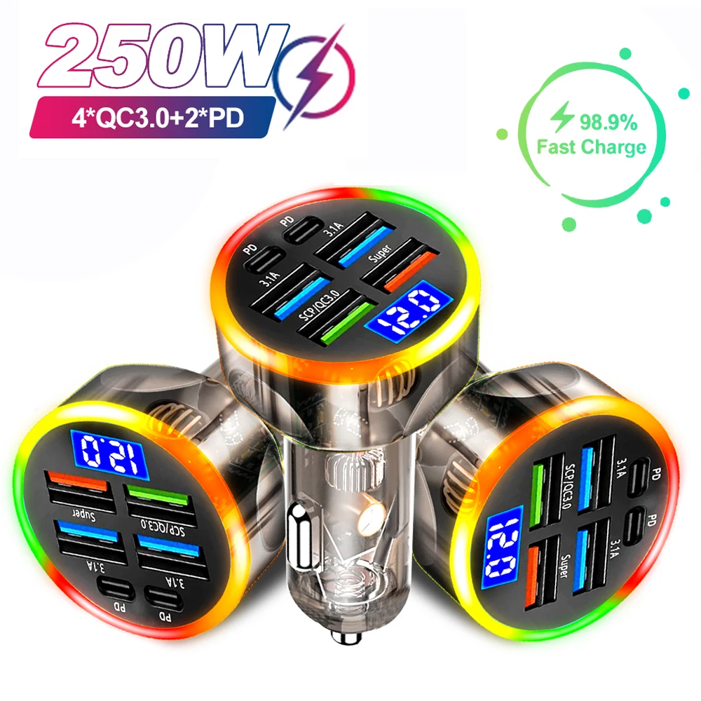 250W Fast Car Charger 6 Ports Quick Charge PD Type C USB A Adapter Transparent Case for iPhone 15 16 Pro Samsung S24 Xiaomi Poco
