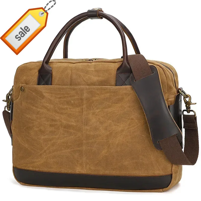 M598 Portable Briefcase Men Canvas with Crazy Horse Leather Retro Shoulder Crossbody Outdoor Travel Messeage Computer Bag
