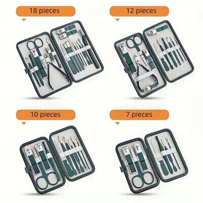 Kit profissional de cuidados com as unhas, 7-18 peças, aço inoxidável, manicure e pedicure, conjunto com estojo de viagem para aliciamento em movimento
