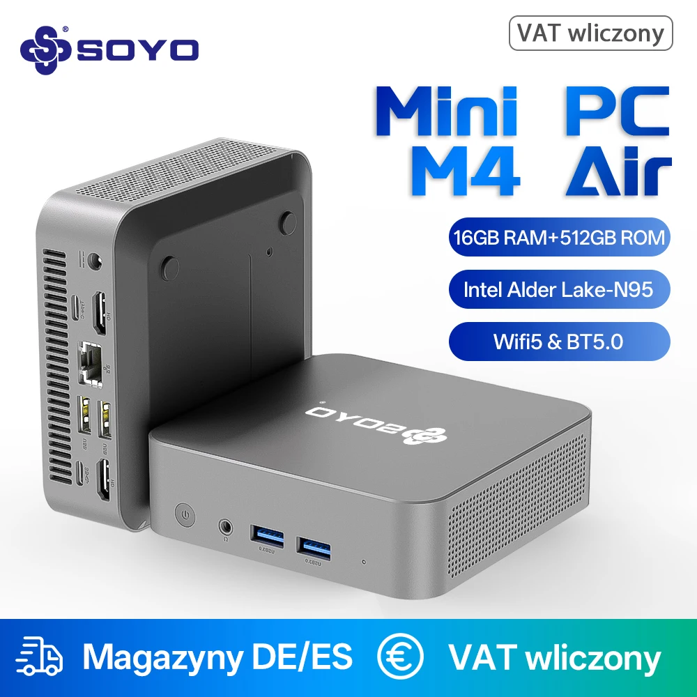 SOYO M4 Air Mini PC Intel 13. Generation Alder Lake N95 CPU 16 GB RAM 512 GB M.2 SSD WiFi5 BT5.0 Windows 11 Pro Mini-Desktop-Computer