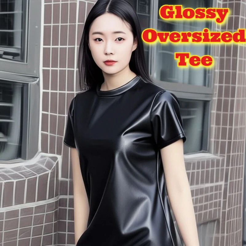 Glänzendes, übergroßes Kurzarm-T-Shirt für Damen, Übergröße, dehnbar, lockere Passform, Sommer-Top, elegantes Rundhals-Schlankheits-Freizeitbluse