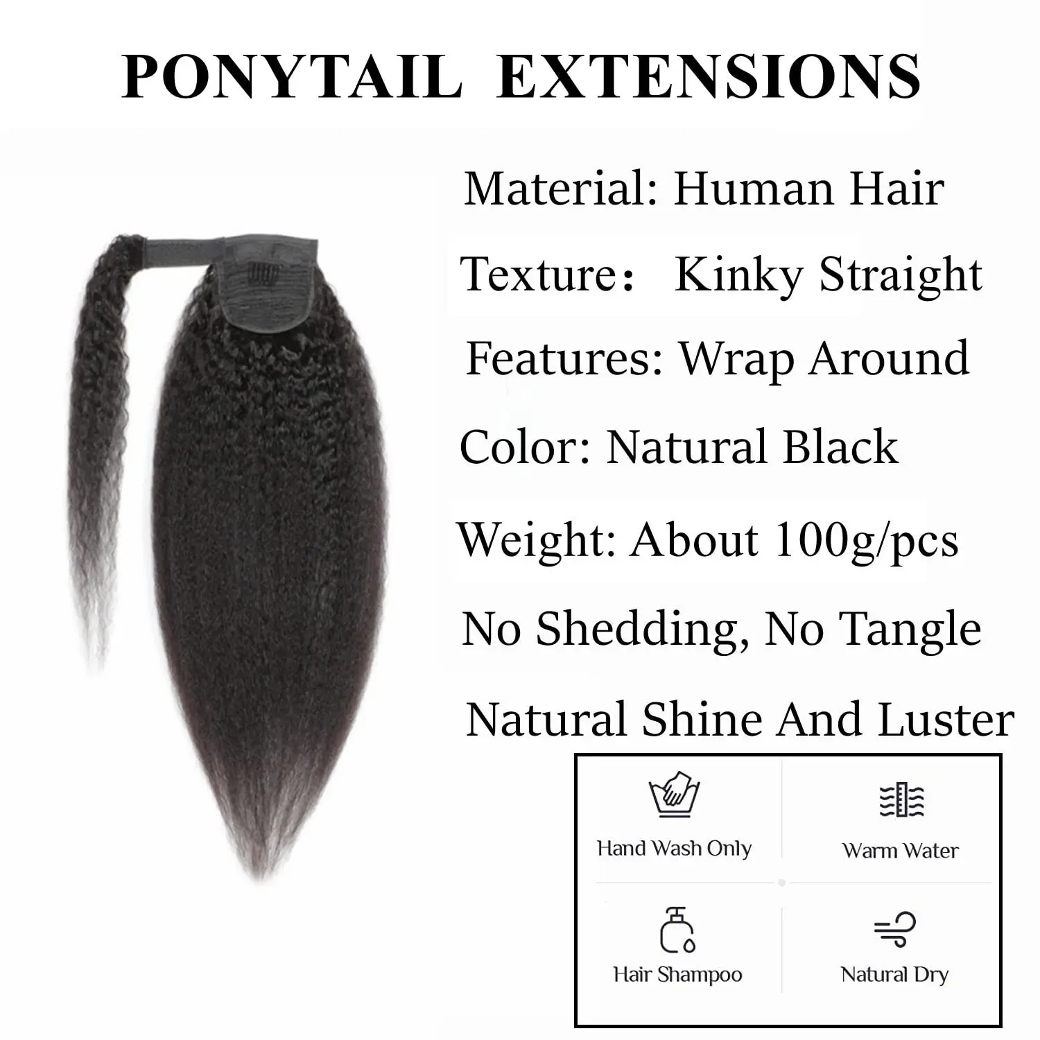 Extension de cheveux humains queue de cheval droite crépue 100g enrouler autour du clip en queue de cheval noir naturel # 1B Remy indien 10-26 pouces pour femmes