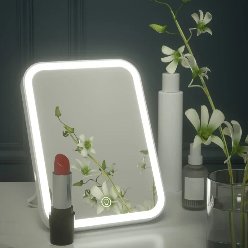 Espejo cosmético LED con pantalla táctil, interruptor enchufable con luces, espejo cosmético plegable de pie portátil
