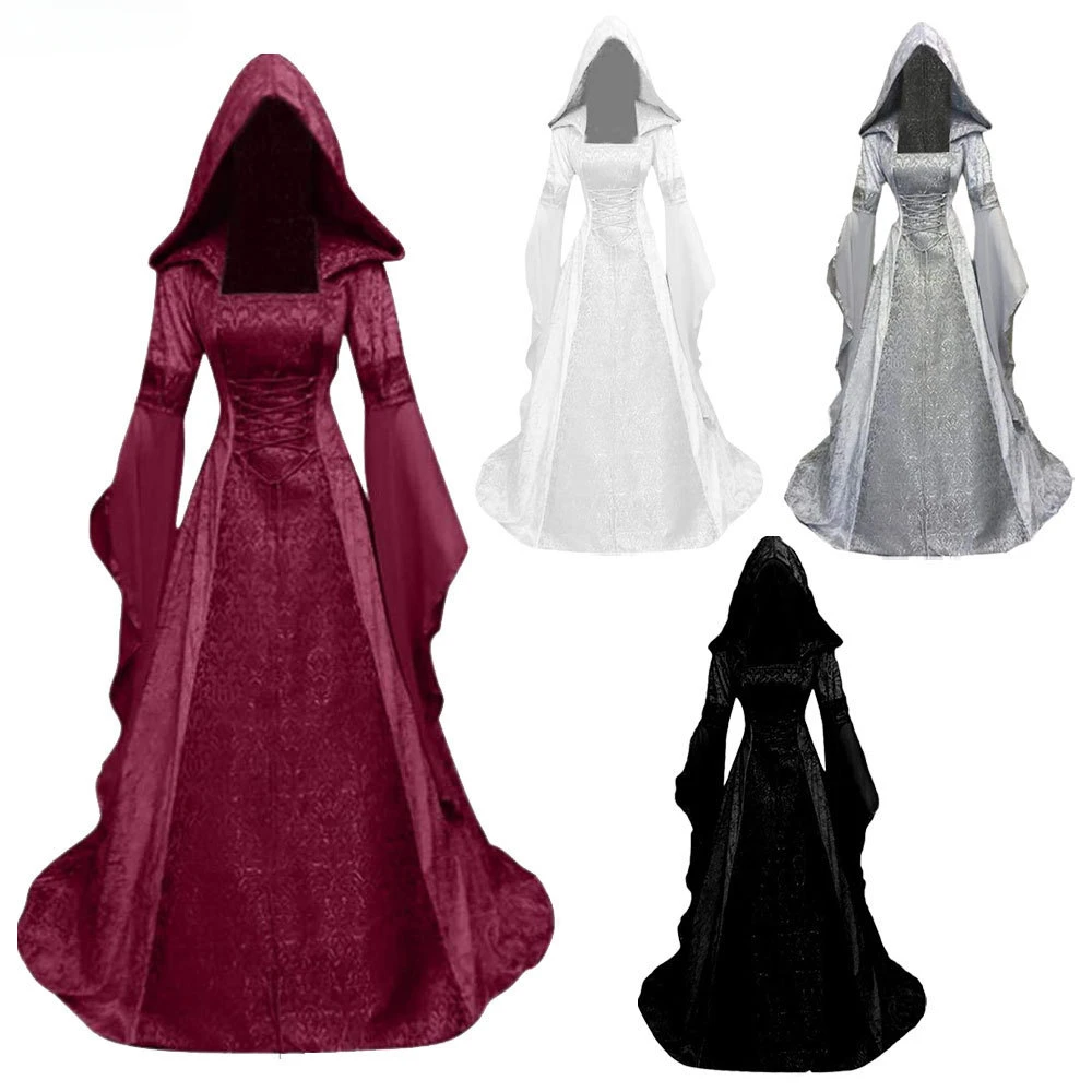 Vestido de bruja de lujo para mujer, traje Medieval renacentista, Maxi tren, Halloween, diablo, bruja pagana, boda, Cos, bata con capucha