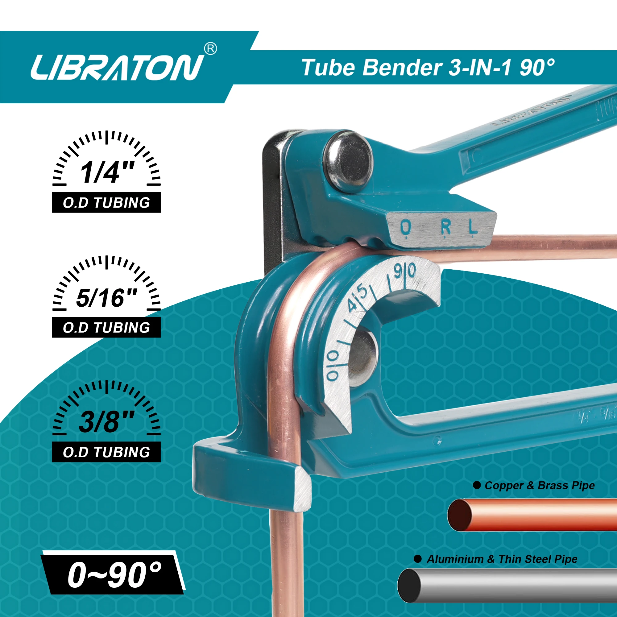 Piegatubi LIBRATON, Piegatubi, 3-IN-1, 1/4"(6mm), 5/16"(8mm), 3/8"(10mm), per tubi in rame, ottone, alluminio e acciaio sottile