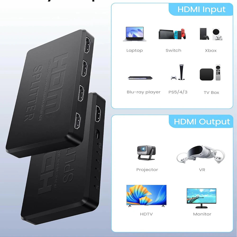Divisor compatible con HDMI 4K 2K, 1 entrada, 4 salidas, interruptor HDTV 4x1, adaptador compatible con HDMI, conmutador de vídeo HD para Xbox, PS4, DVD, PC y portátil