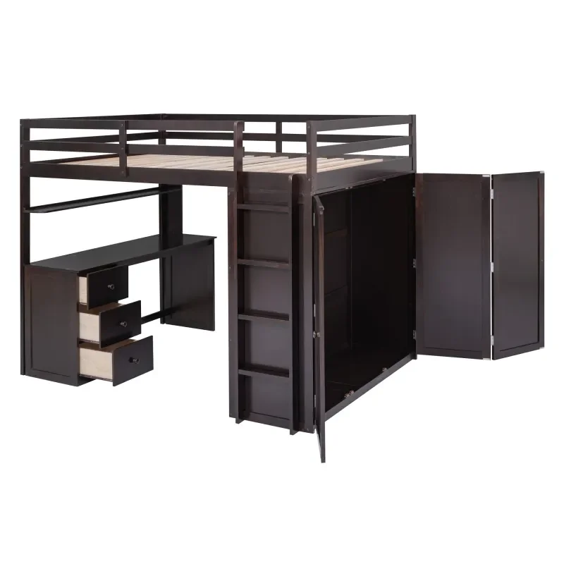 Full Size Loft Bed com gavetas, mesa, armário, adequado para quarto das crianças, quarto de hóspedes
