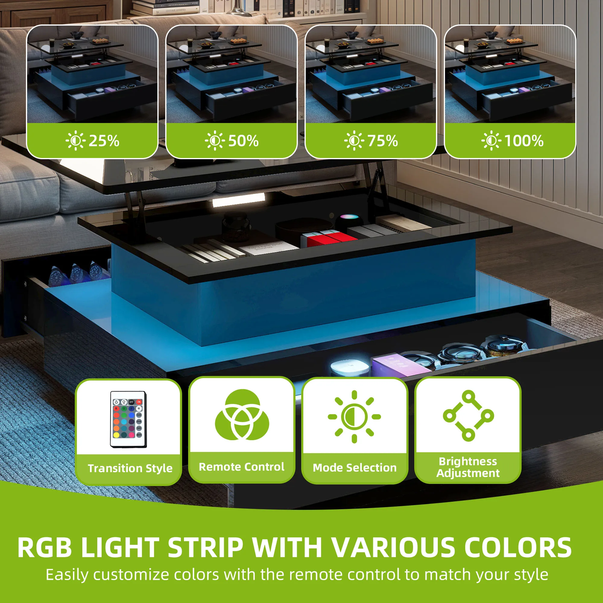 Mesa de centro elevatória YITAHOME - design moderno retangular com iluminação LED de 16 cores e 2 gavetas, superfície iluminada elevada