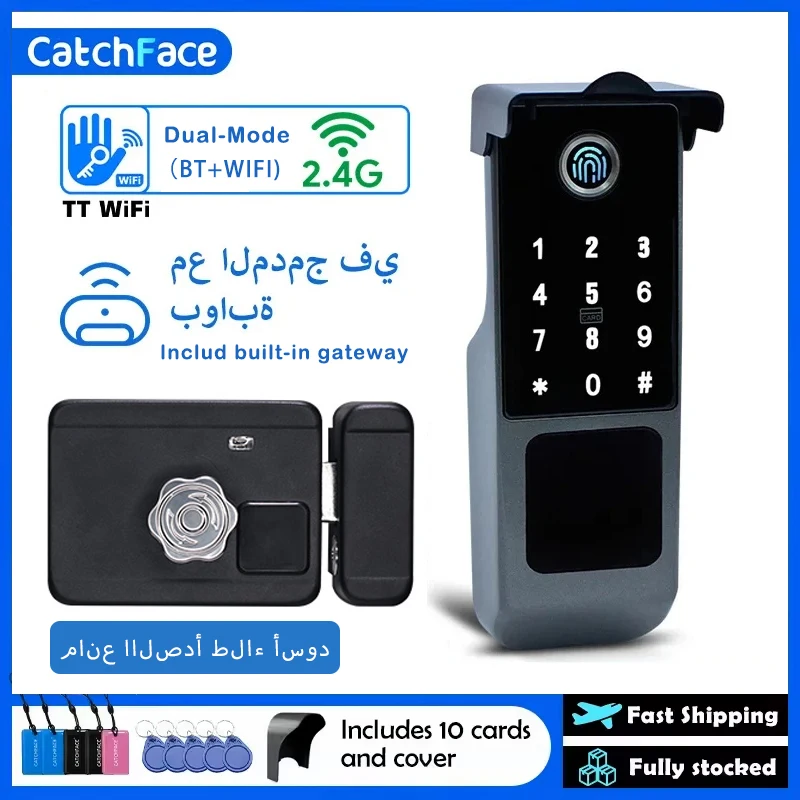 TTLock versión WIFI puerta integrada huella digital impermeable puerta exterior código de acceso tarjeta Rfid cerradura de puerta inteligente sin llave