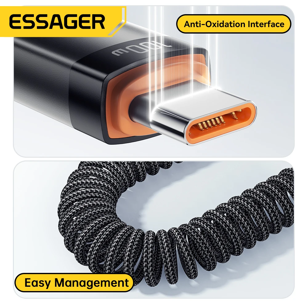 Essager 車載用スプリング式Type Cケーブル iPhone 16 15 14 Xiaomi Samsung対応 100W PD急速充電 Macbook iPad用 Type C to Type C ケーブル