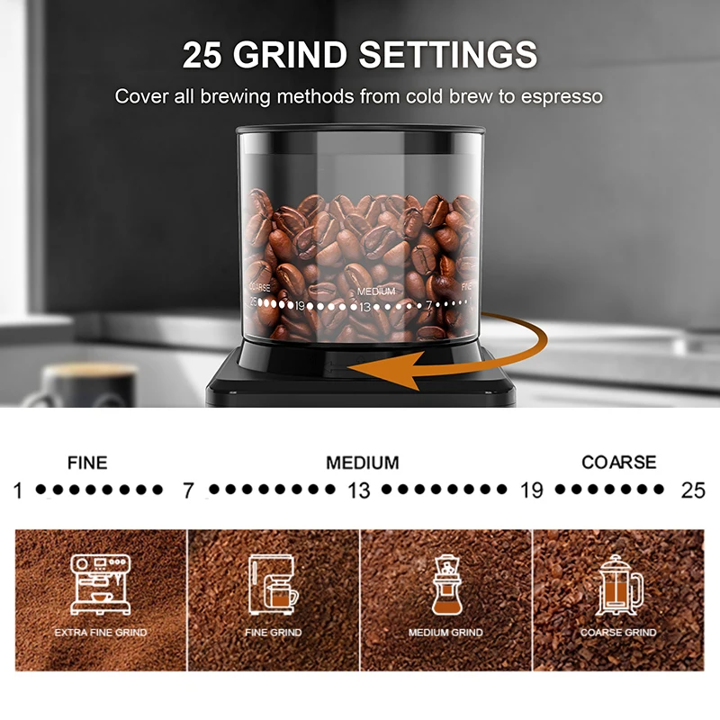 Molinillo de café Molinillo cónico eléctrico automático con soplador de polvo 25 molinados precisos para prensa francesa de café expreso 2-12 tazas