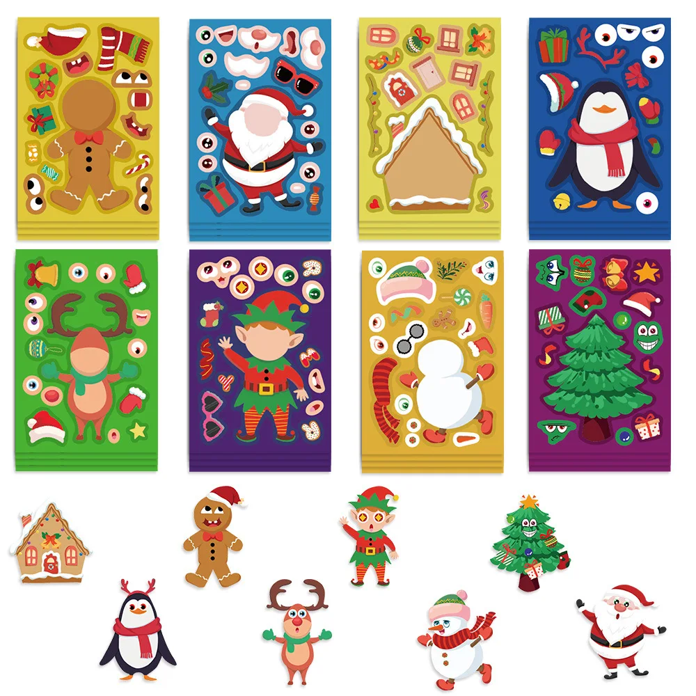 8 ชิ้นปริศนาการ์ตูนคริสต์มาส Snowman Party Make a Face สติกเกอร์หัตถกรรมสติกเกอร์กันน้ํา