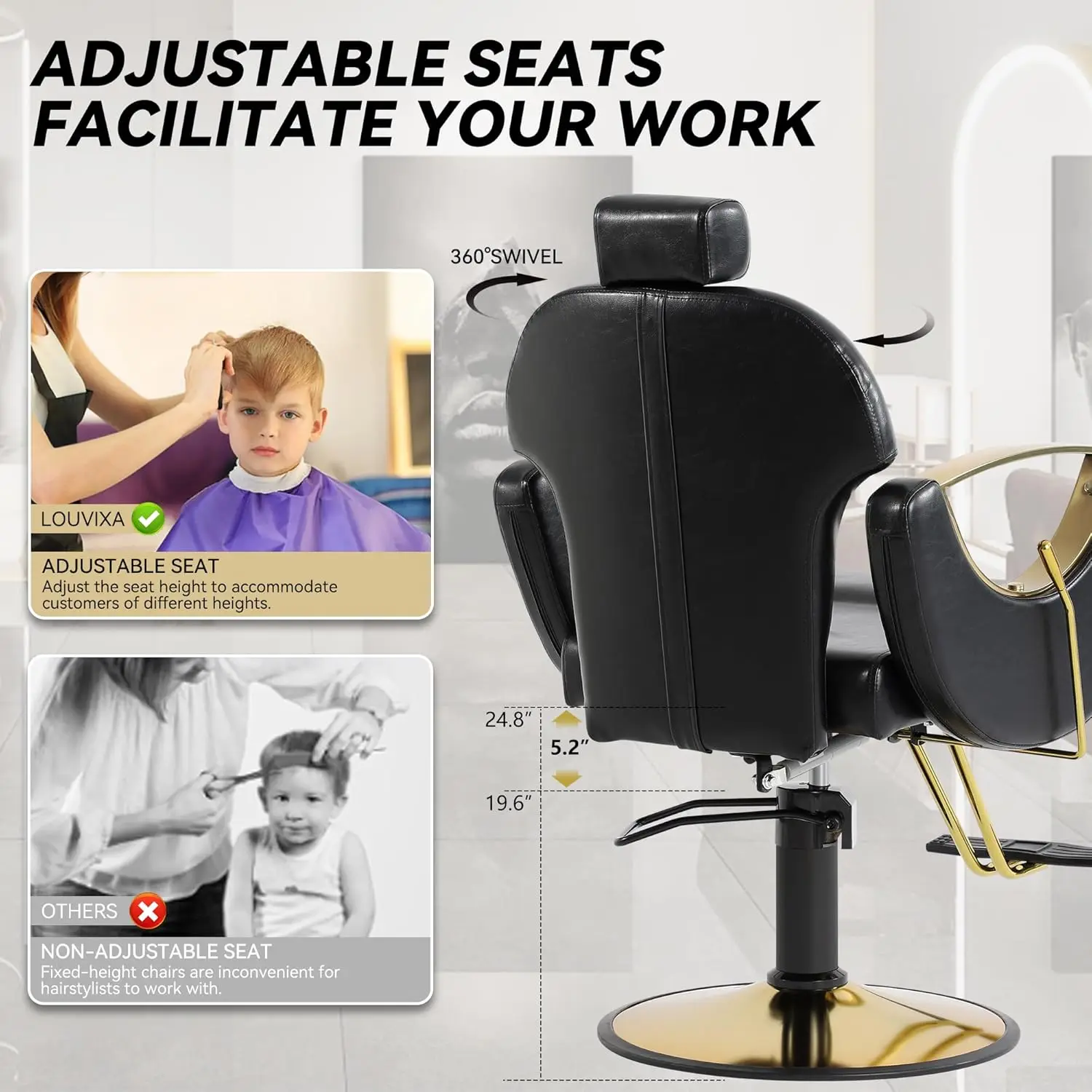 Hair Stylist, Height Adjustable Hydraulic Hair Reclining Salon Chair, 360 Degrees Rotation, Multi-Function Shampoo Chair for Sal