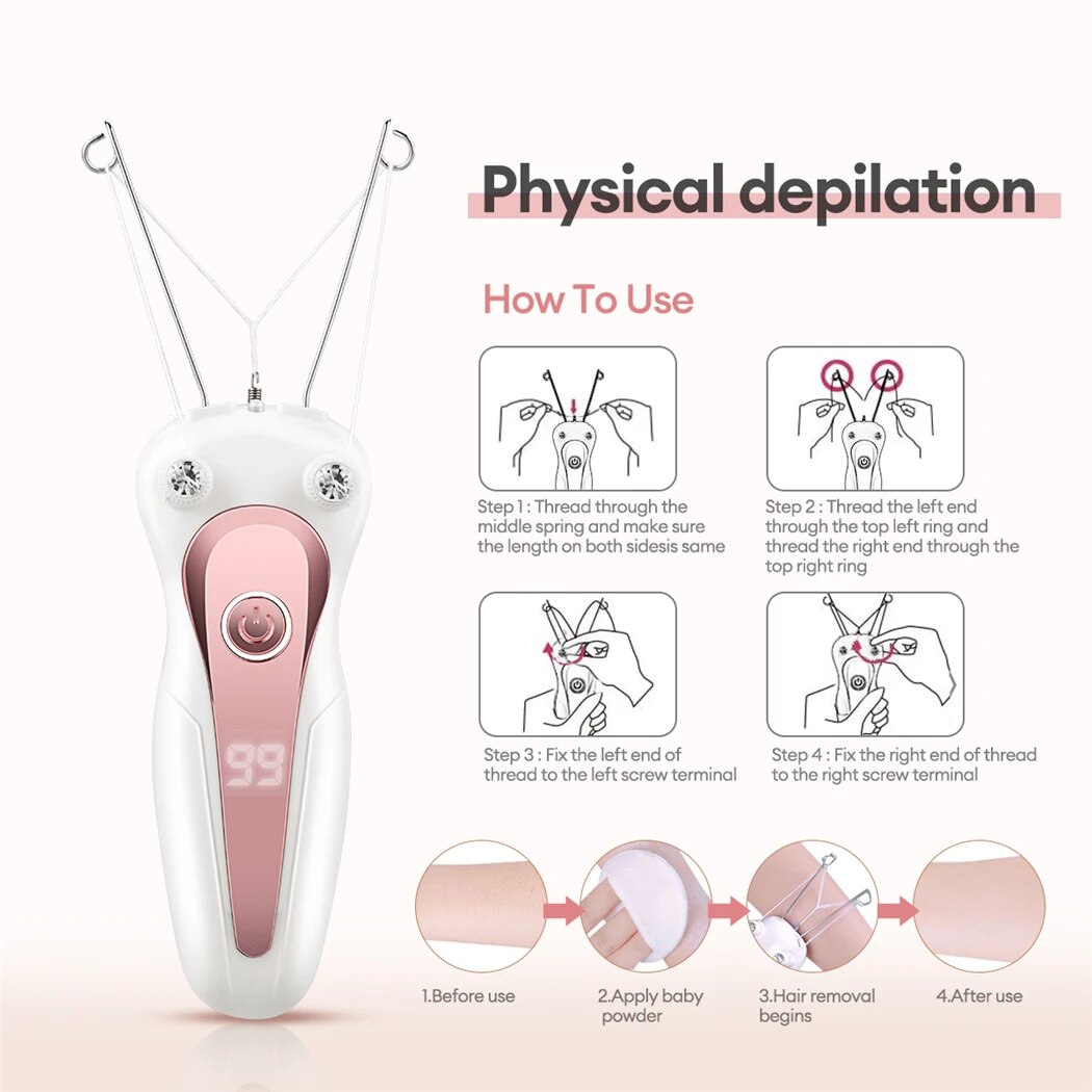 Removedor de pelo corporal eléctrico para mujer, afeitadora de hilo de algodón para piernas y brazos, depiladora recargable para cuello, Belleza