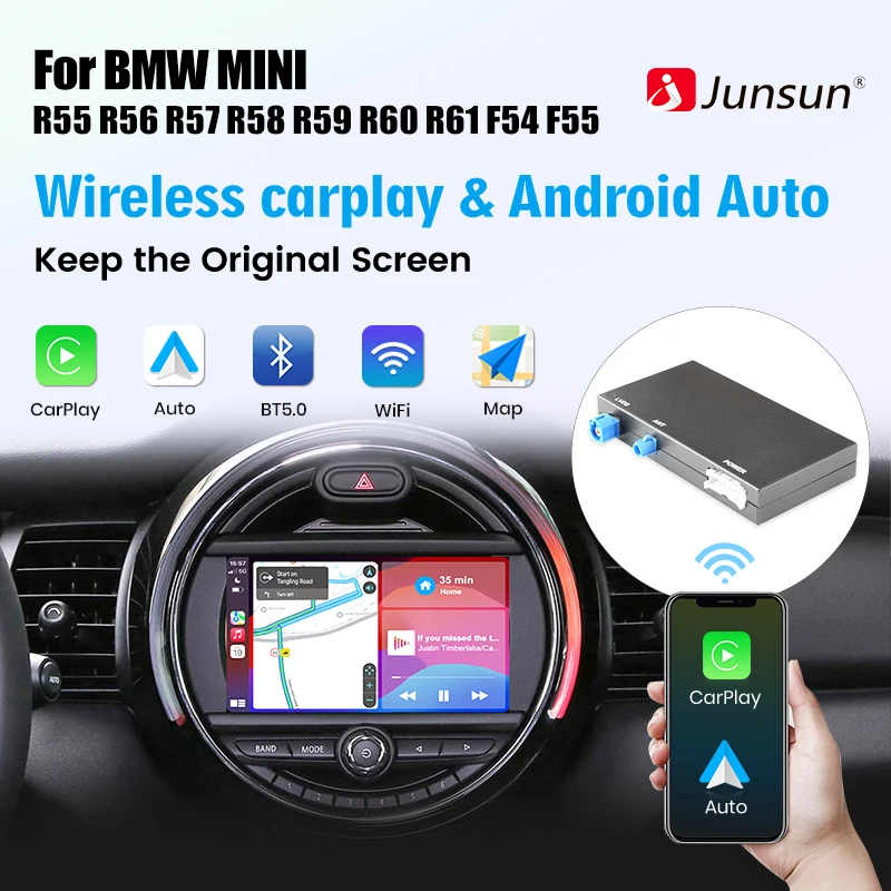 Junsun Draadloze CarPlay Android Auto voor Mini R55 R56 R57 R58 R60 R61 F54 F55 F56 Clubman Countryman Cooper John Cooper Werkt