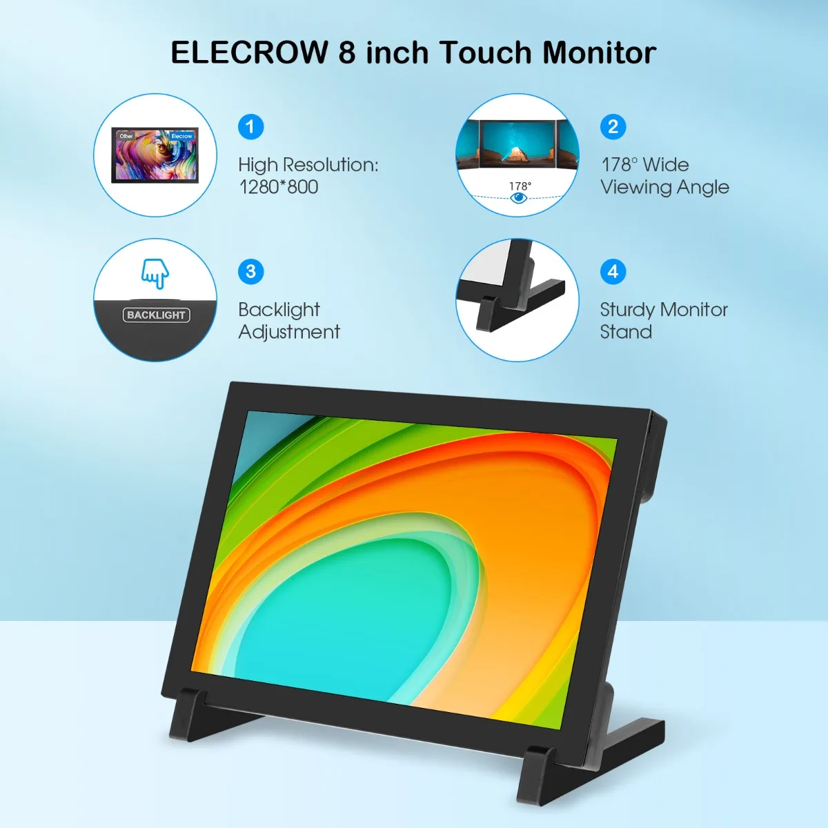 Elecrow 8 Polegada monitor de toque hd 1280*800 display ips portátil com suporte backlight para rpi 5/400/4/3 win 11/10/8/7 jetson nano