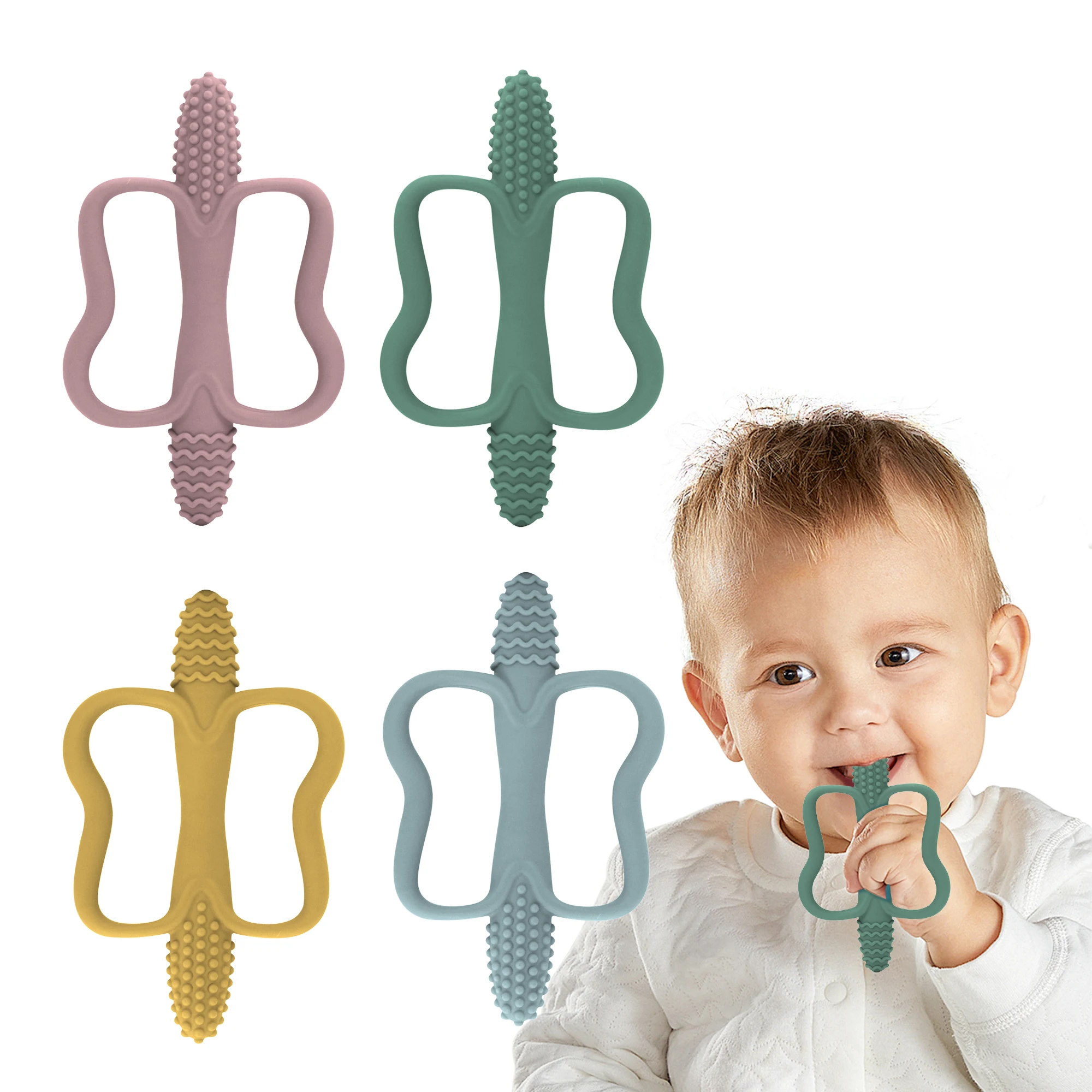 Integrierter Silikon-Beißstab mit Griff, Babyspielzeug-Beißring, erhältlich in 6 Farben, Mais-förmiger Beißring.