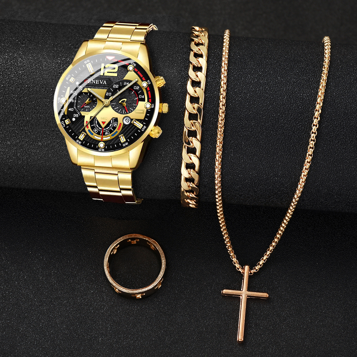 4 Stks/set Mode Herenhorloges Zilver Stalen Band Quartz Horloge Mannelijke Zakelijke Horloges Sieraden Set (Zonder Doos)