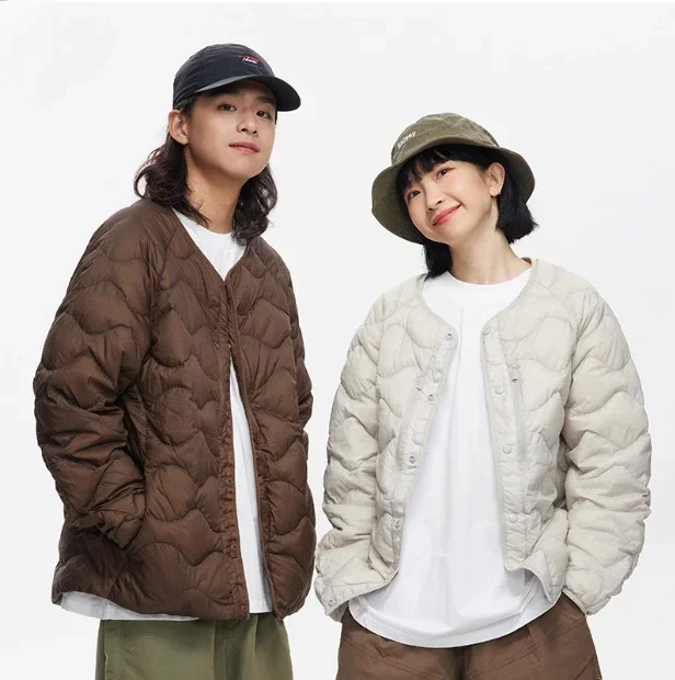 Inverno leve casal jaqueta de três provas 90 veludo com pescoço cor sólida vintage maillard sem gola jaqueta tamanho 2xl