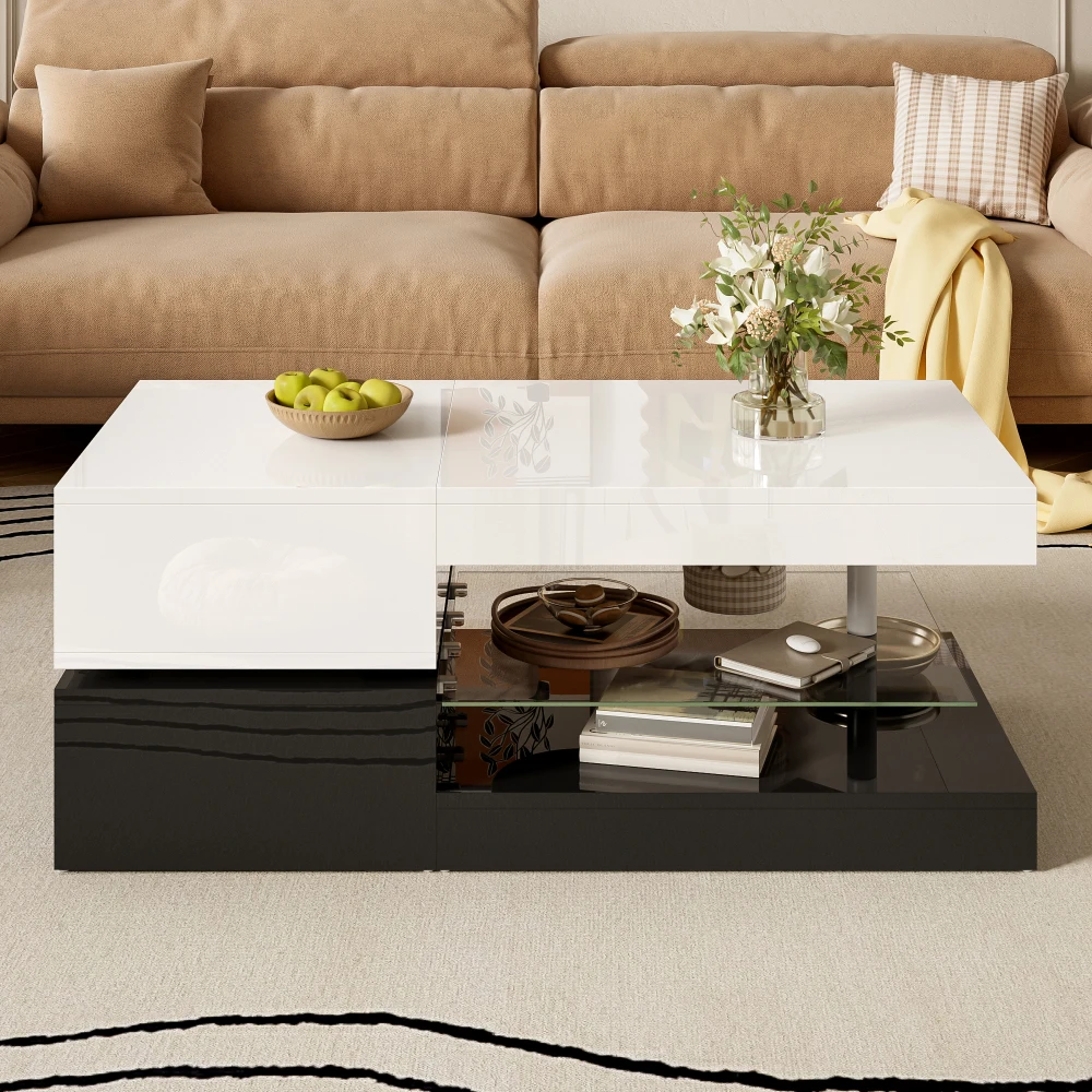 Mesa de centro moderna com iluminação ambiente LED, controle APP e Bluetooth, prateleira de vidro e superfície de alto brilho, 90x45x35,5 cm