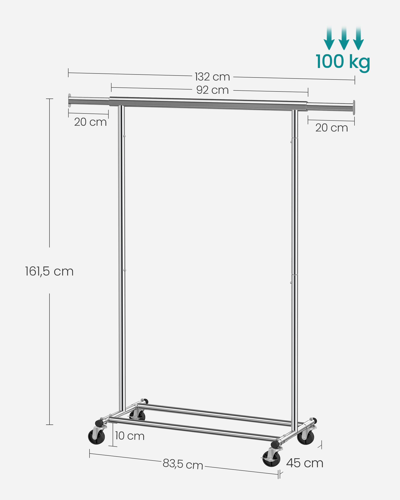 SONGMICS Kleiderständer auf Rollen, Schwerlast-Garderobenständer, ausziehbare Kleiderstange, bis 100 kg belastbar