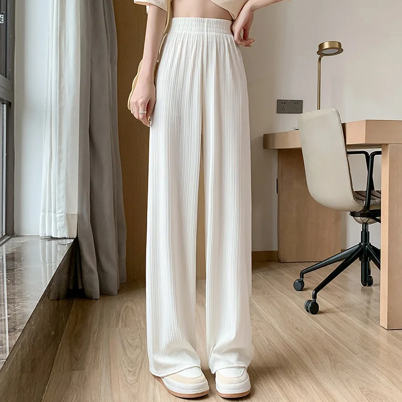 Calça feminina larga de seda no gelo, chiffon fino, cintura alta, calça reta solta, moda casual, coreana, flácida, primavera e verão, 2024