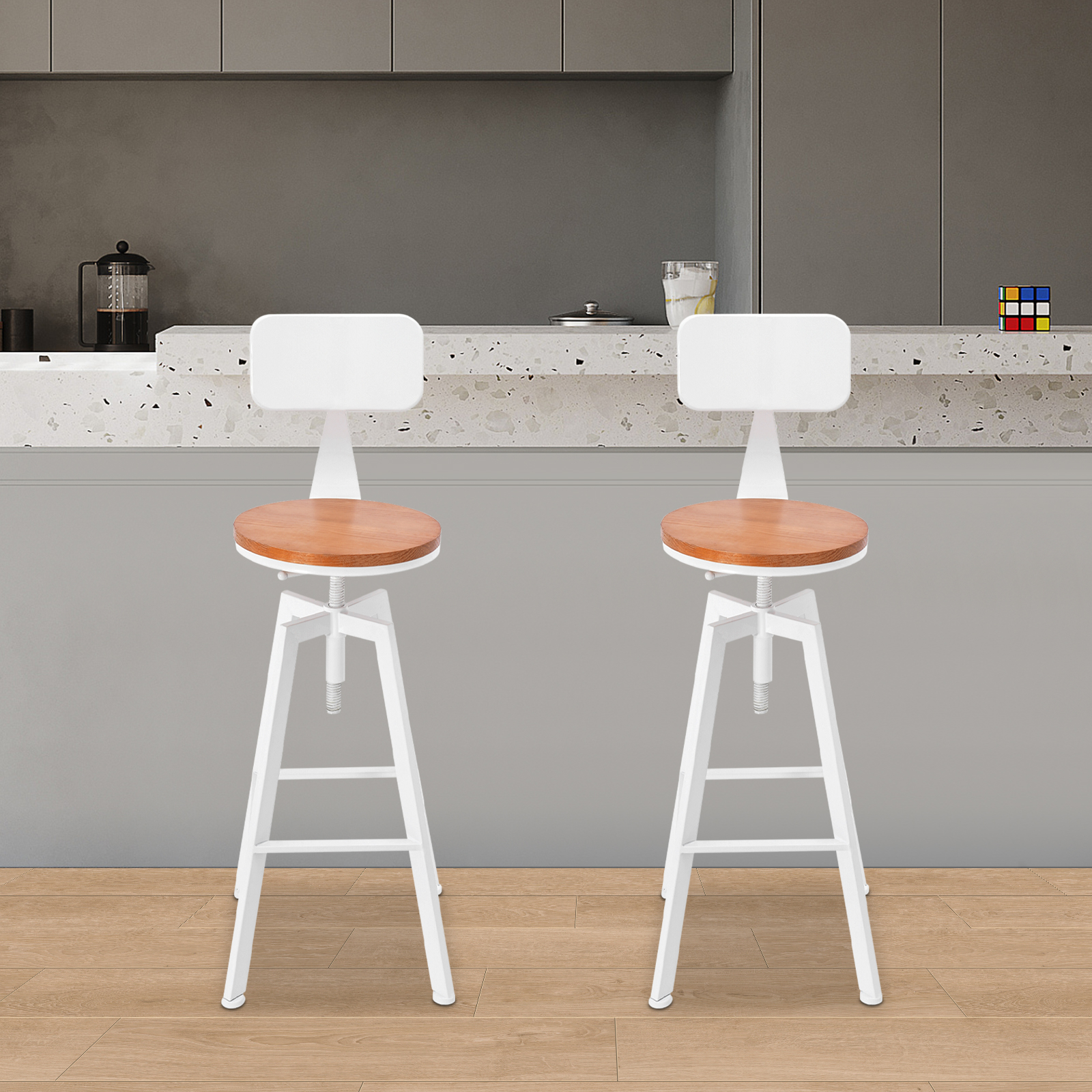 2er-Pack Barstühle aus Schmiedeeisen mit weißen Rückenlehnen für verschiedene Orte wie Bars, Restaurants, Cafés, Höhe 63–83 cm