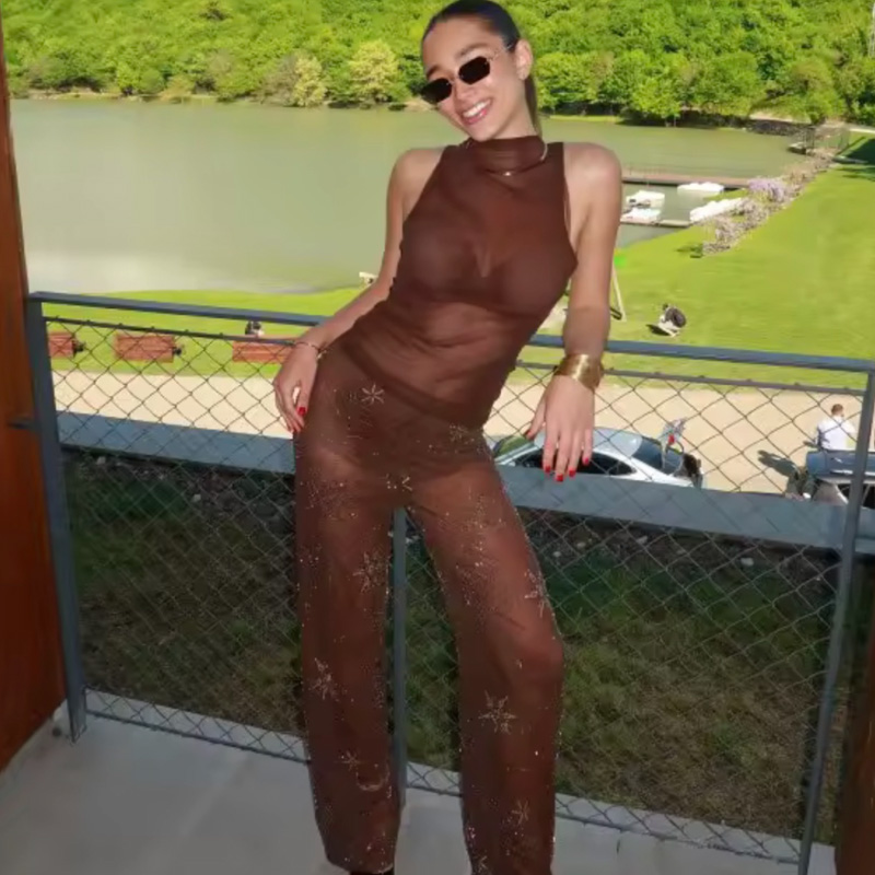 HXAO Women's Pants Spring Summer 2025 Beading Brown Trousers Sequins Translucent High Waist Pants Ladies Streetwear Casual Pants