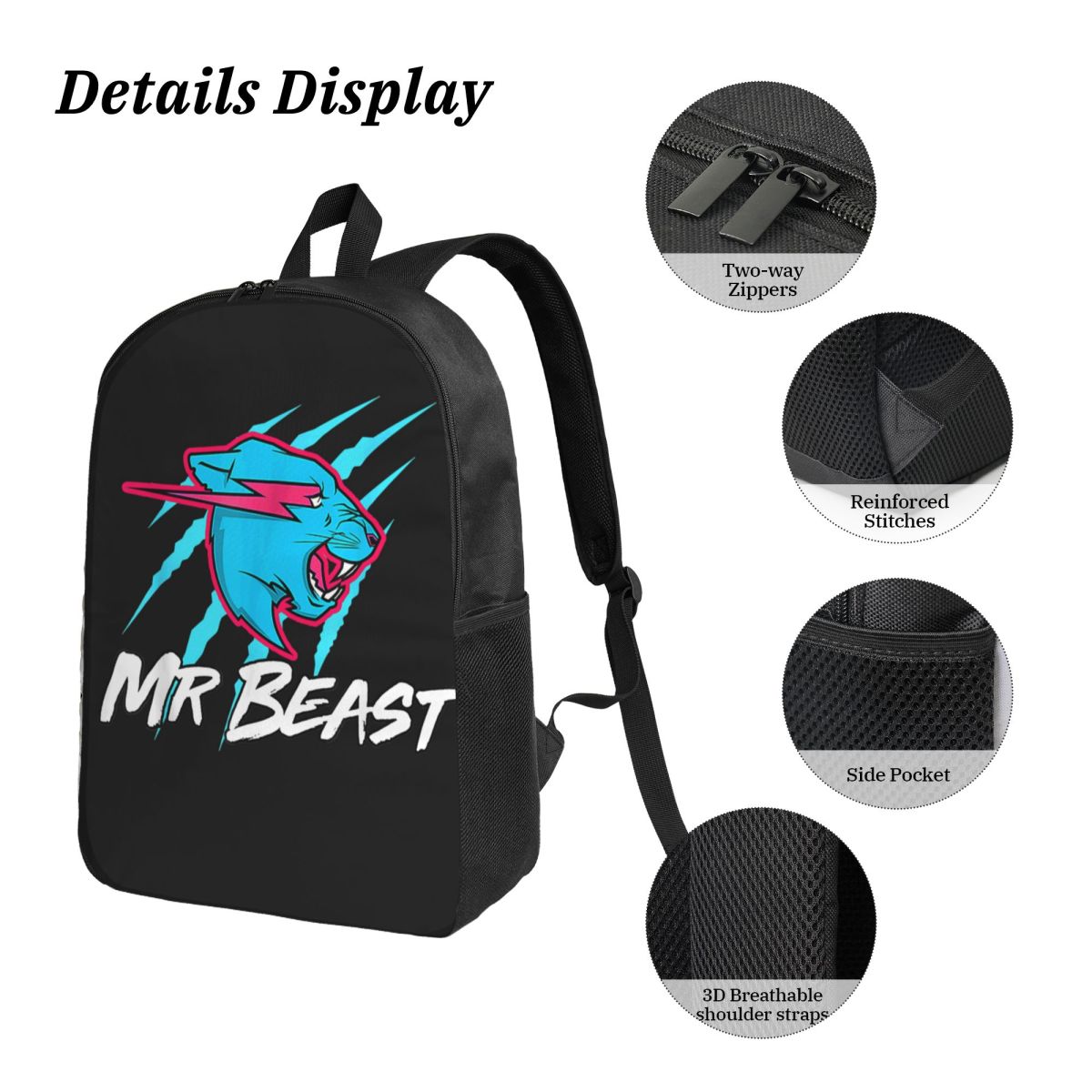 Mr Beasts Schultaschen-Set für Jungen und Mädchen, Gaming Beasts-Stil, Stifttaschen, Rucksack-Sets mit Lunchbox für Schüler, Rucksack