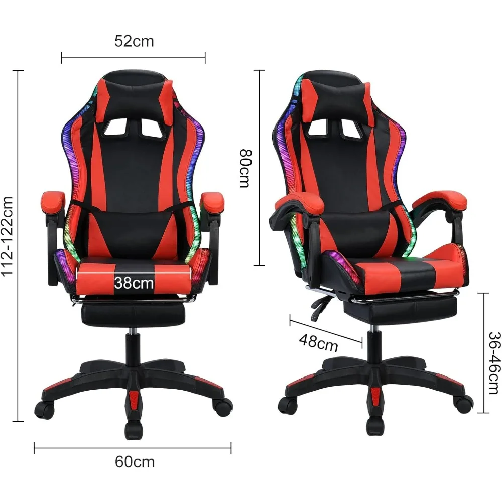 Gaming Chair w Bluetooth Speakers RGB LED Lights,Ergonomic,Footrest,Height Adjustable Adults w Back Lumbar Support Red
