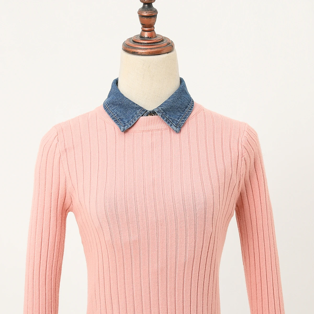 Cuello falso de mezclilla lavada azul con cuello puntiagudo para mujer, cuello estilo media camisa con decoración versátil informal profesional