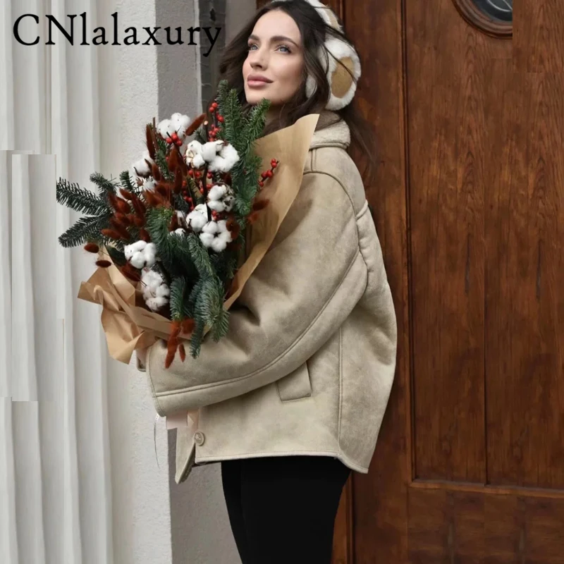 Clalaxury-女性用ラムウール厚手のジャケット、フェイクレザーアウター、ヴィンテージストリートウェア、シングルブレストポケット、暖かい、冬
