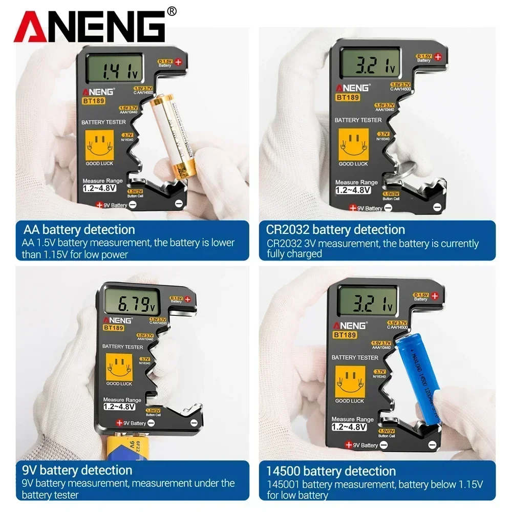 Probador de batería Digital ANENG BT189 voltios para 9V AA AAA C D pila de botón varios tamaños probador de batería Universal para el hogar