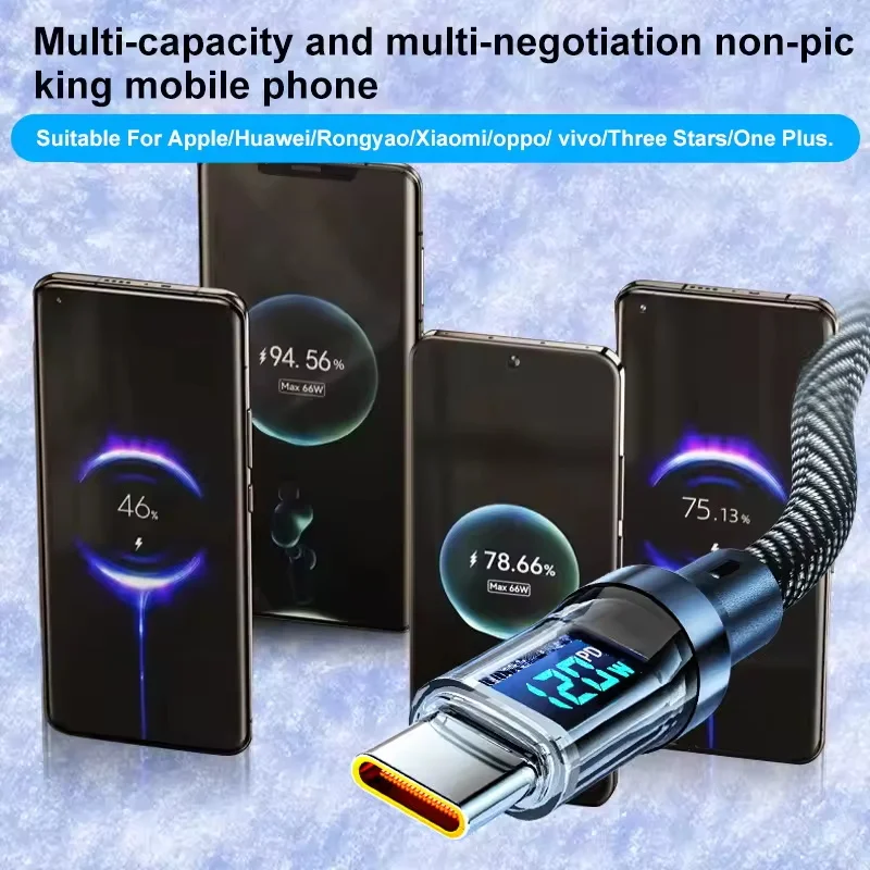 120W Type C Fast Charging Cables 6A USB to Type C Data Cord For Samsung Xiaomi ONEPLUS POCO With Led Digital Display USB C Cable
