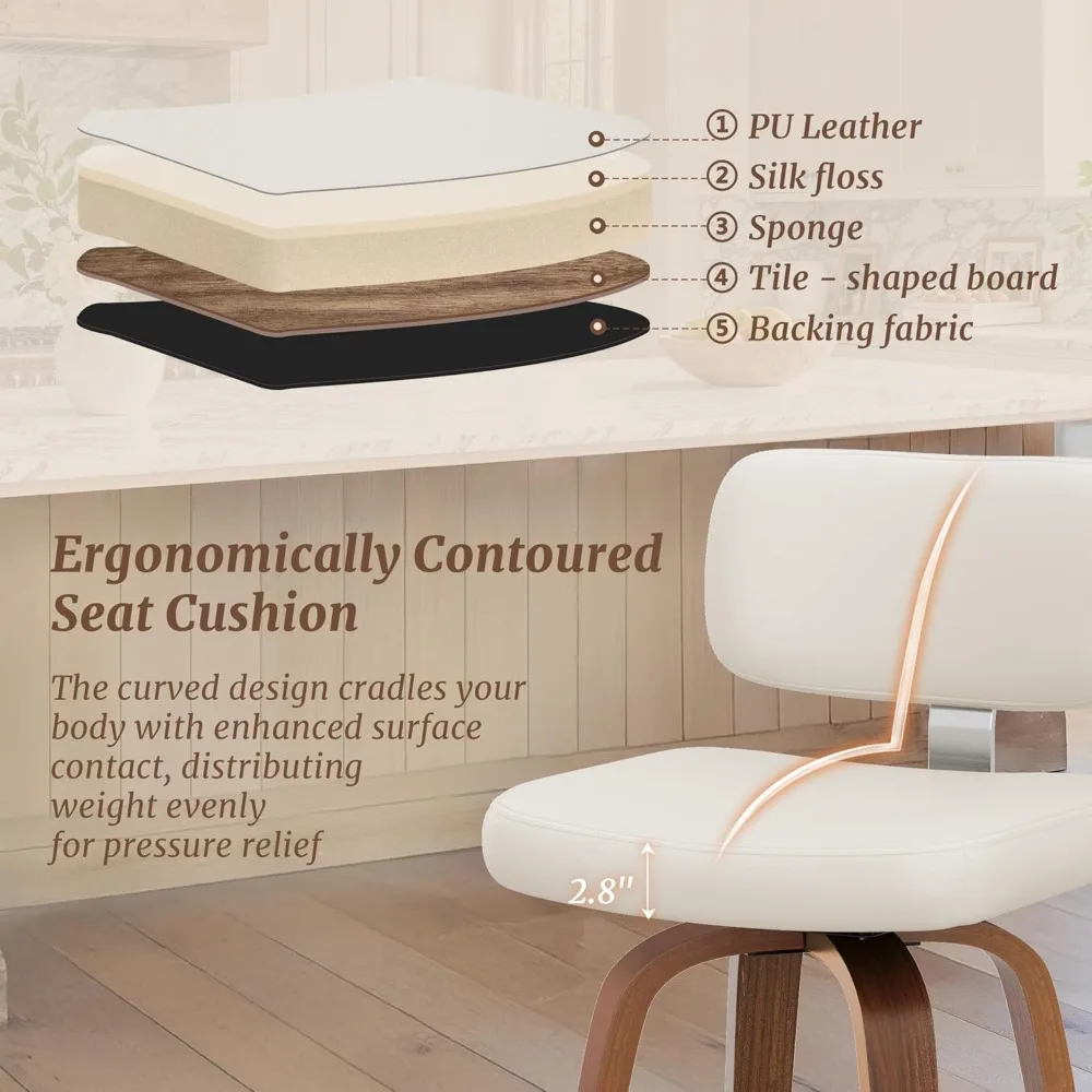 Swivel Counter Height Bar Stools Set of 3, 26" Upholstered Seat Barstools with Back Walnut Wood Legs, Mid-Century PU Leather Bar