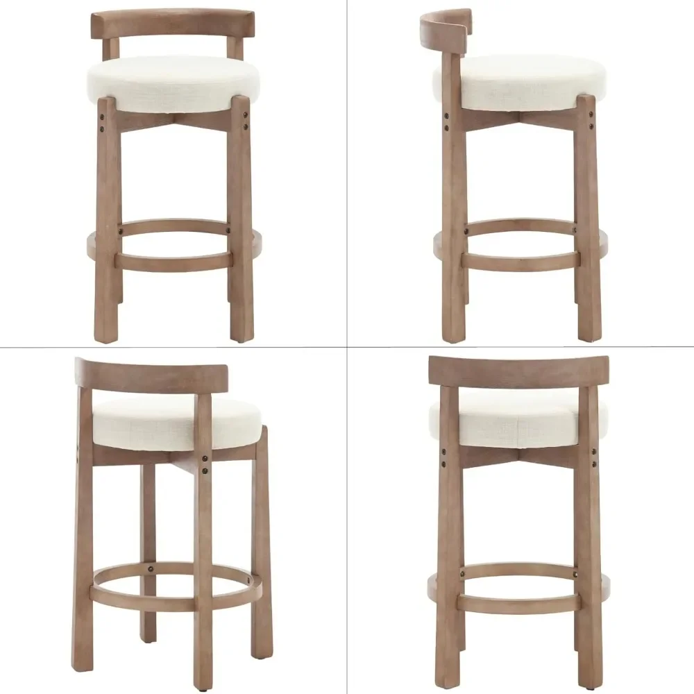 Mid Century Linen Counter Stools Set of 4, Upholstered 26.5” Seat Height Low Barstools with Natural Wood Legs Round Low
