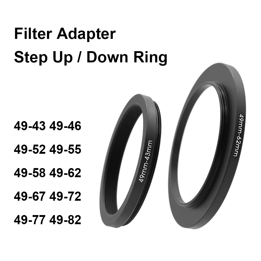Anillo adaptador de filtro de lente de cámara, anillo elevador o abajo de Metal para lente de 49mm-43 46 52 55 58 62 67 72 77 82mm UV ND CPL parasol