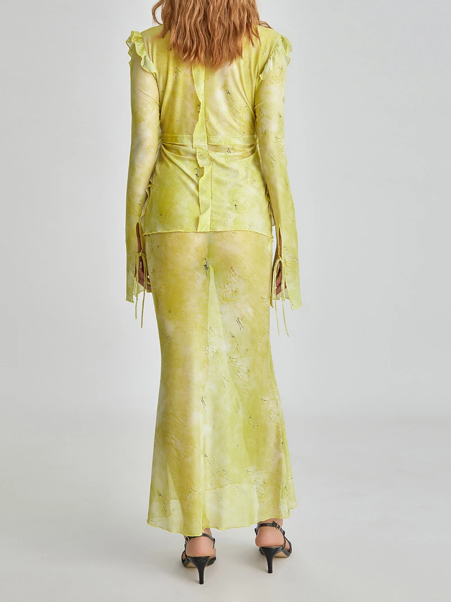 Y2K-Robe de Plage en Maille Transparente pour Femme, Grunge, à Volants, Col en V, Ensemble Jupe 2 Pièces, Été (Longue)