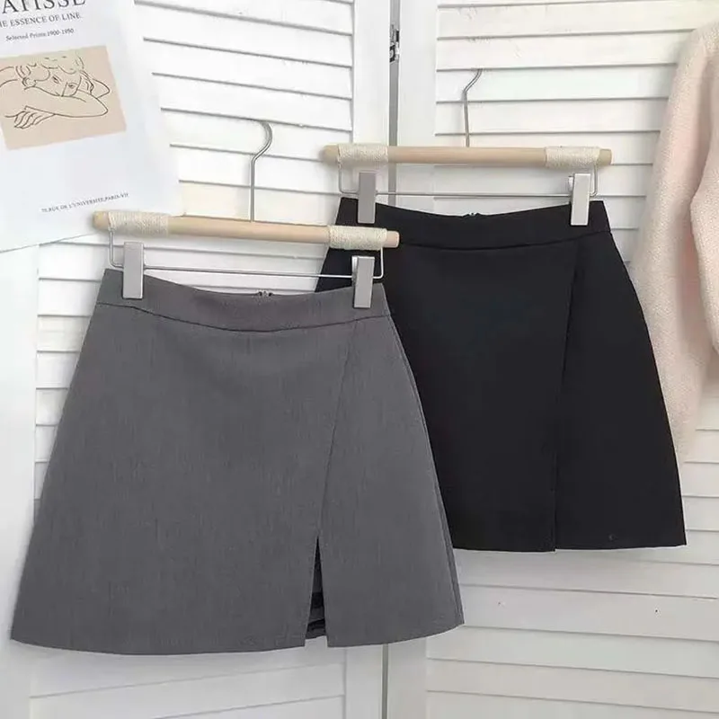 Lucyever, faldas negras y grises para mujer, minifalda dividida de cintura alta de estilo coreano acampanada, pantalones cortos informales sencillos para oficina, faldas para mujer