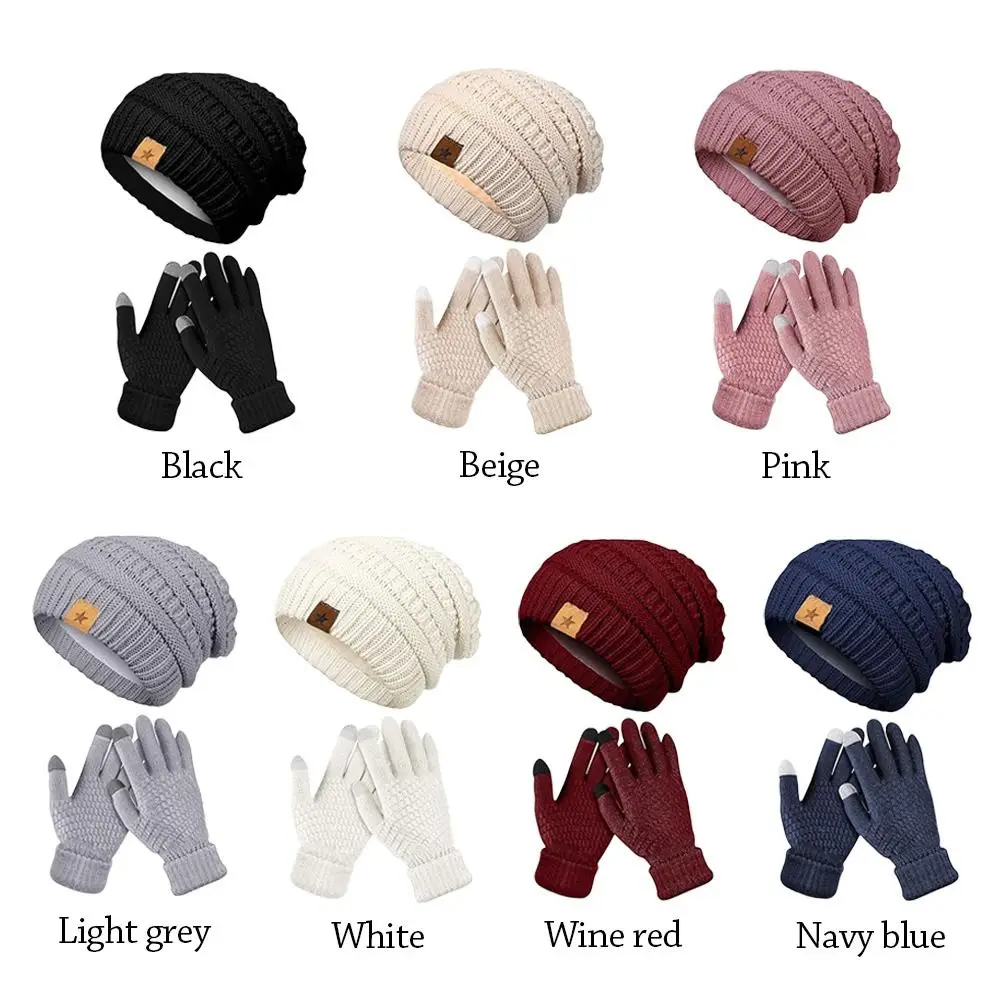 2 ชิ้น/เซ็ตของขวัญผู้หญิงอบอุ่นหมวกถุงมือชุดป้องกันหูฤดูหนาว WARM Mitten Windproof Plush Beanie หมวกสําหรับชายหญิง