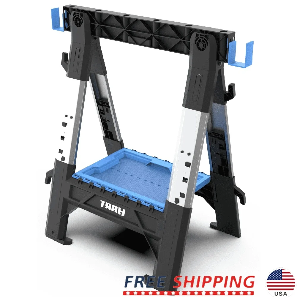 Heavy-Duty Folding Sawhorse Adjustable Height Portable Work Support Non-Slip Rubber Feet Built-In Tool Tray Contractors